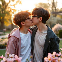 A romantic scene featuring two boys kissing, both wearing stylish glasses