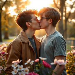 A romantic scene featuring two boys kissing, both wearing stylish glasses