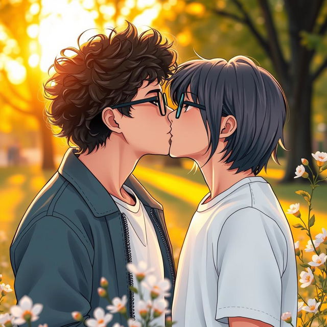 A romantic scene featuring two boys kissing, both wearing stylish glasses