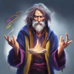 A high-quality digital art image featuring a homeless wild magic sorcerer