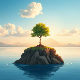 A serene landscape illustrating the concept of patience, featuring a lone tree standing on a rocky cliff overlooking a calm sea during golden hour, with soft sunlight illuminating the scene