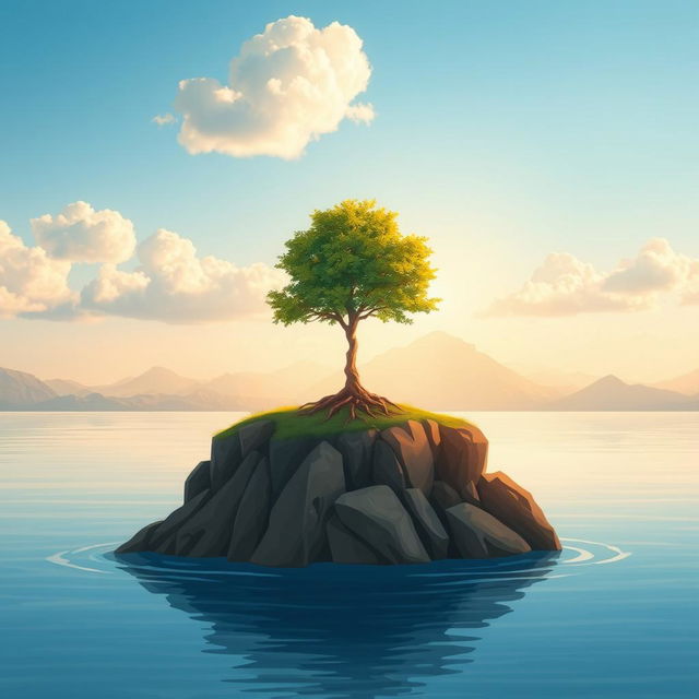 A serene landscape illustrating the concept of patience, featuring a lone tree standing on a rocky cliff overlooking a calm sea during golden hour, with soft sunlight illuminating the scene