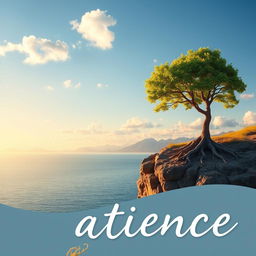 A serene landscape illustrating the concept of patience, featuring a lone tree standing on a rocky cliff overlooking a calm sea during golden hour, with soft sunlight illuminating the scene