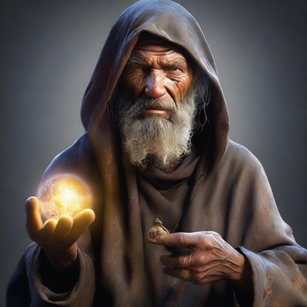 An ultra-realistic digital art image showcasing a homeless wild magic sorcerer