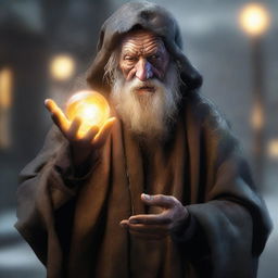 An ultra-realistic digital art image showcasing a homeless wild magic sorcerer