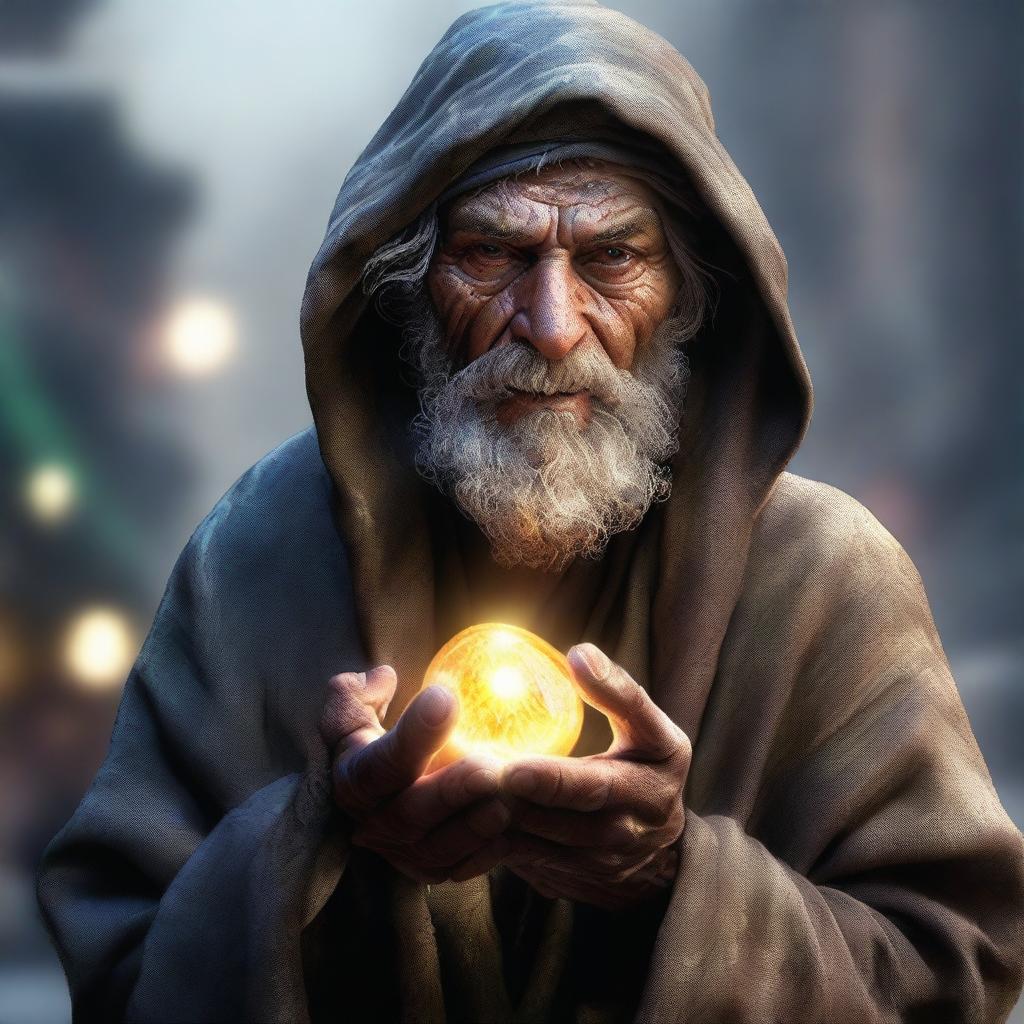 An ultra-realistic digital art image showcasing a homeless wild magic sorcerer