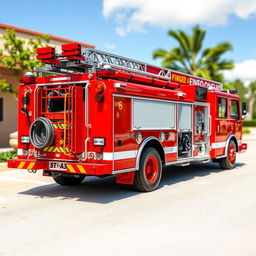 A vibrant red fire truck, detailed with emergency lights, hoses, and fire equipment