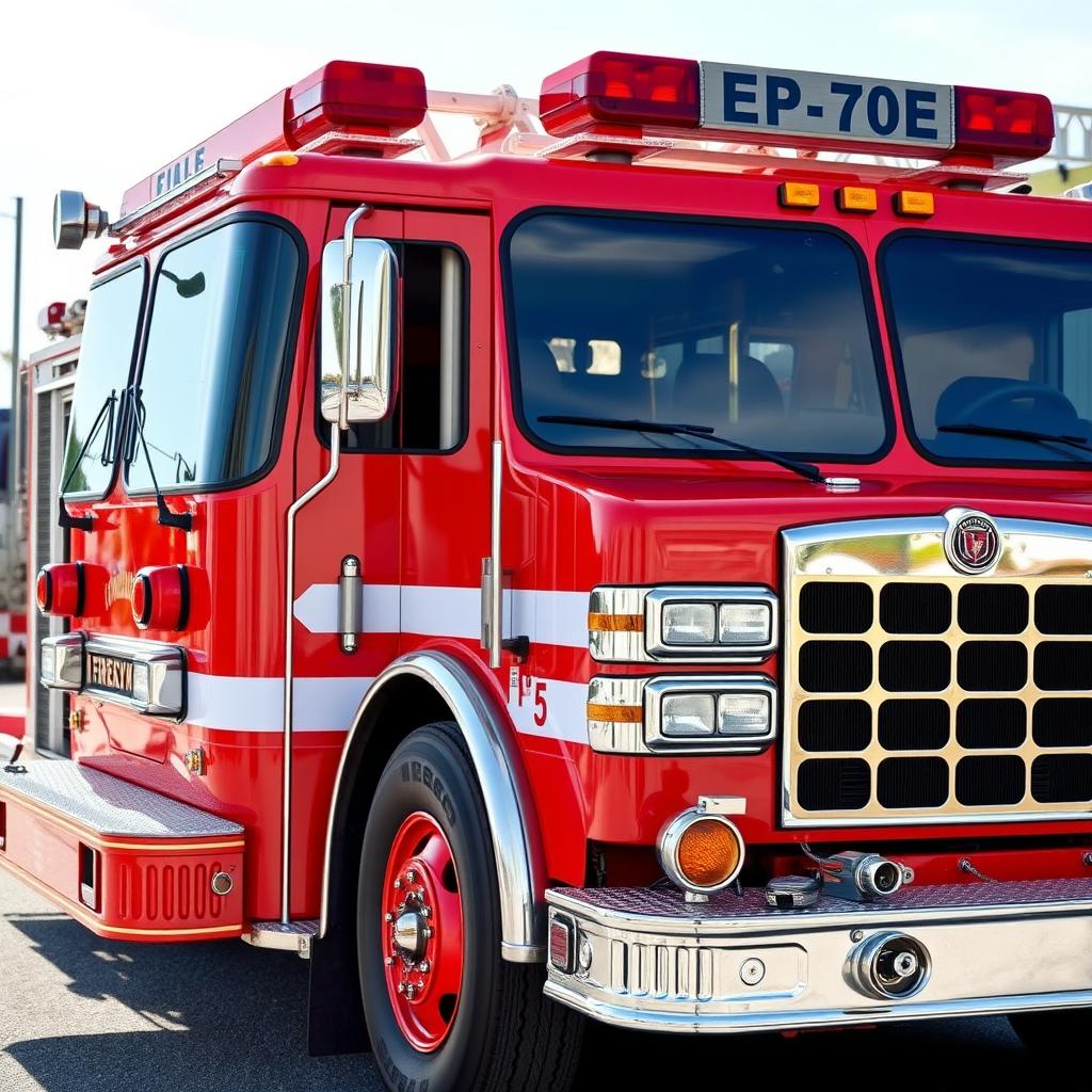 A vibrant red fire truck, detailed with emergency lights, hoses, and fire equipment