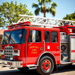 A vibrant red fire truck, detailed with emergency lights, hoses, and fire equipment