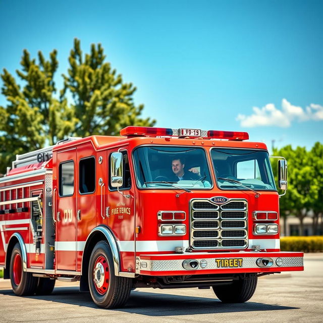 A vibrant red fire truck, detailed with emergency lights, hoses, and fire equipment