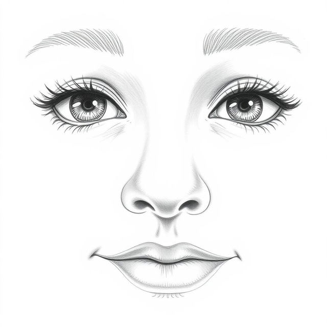 A detailed pencil drawing featuring only a close-up of a nose, eyes, and mouth