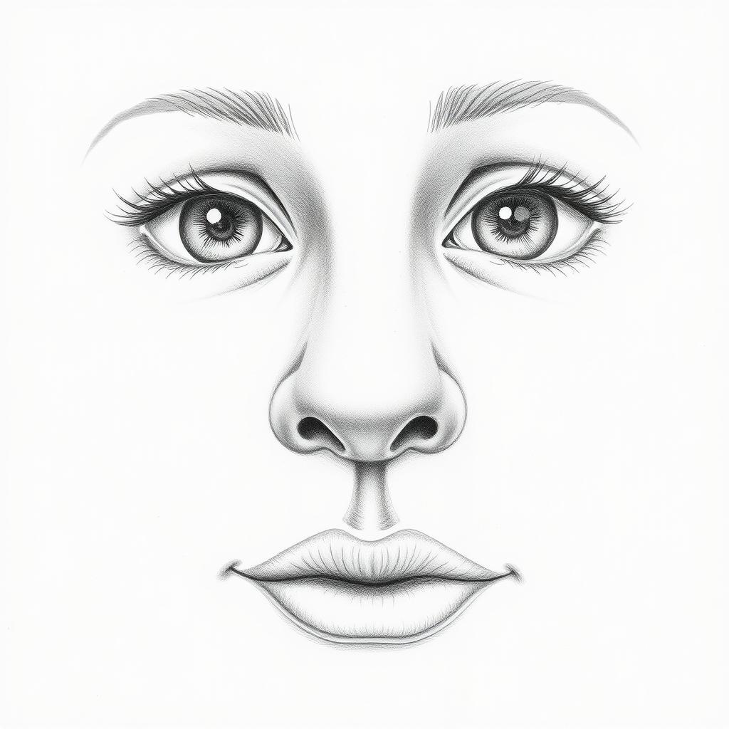 A detailed pencil drawing featuring only a close-up of a nose, eyes, and mouth