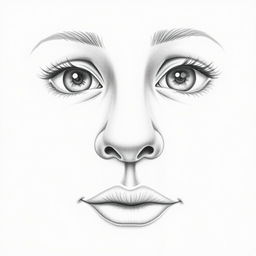 A detailed pencil drawing featuring only a close-up of a nose, eyes, and mouth