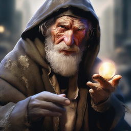 An ultra-realistic digital art image features a homeless wild magic sorcerer