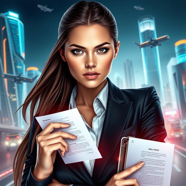 A futuristic portrait of a beautiful female lawyer, embodying sophistication and confidence