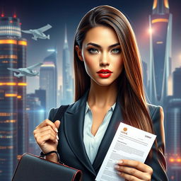 A futuristic portrait of a beautiful female lawyer, embodying sophistication and confidence