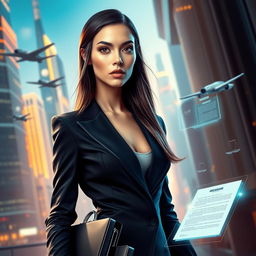 A futuristic portrait of a beautiful female lawyer, embodying sophistication and confidence