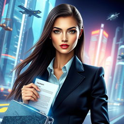 A futuristic portrait of a beautiful female lawyer, embodying sophistication and confidence