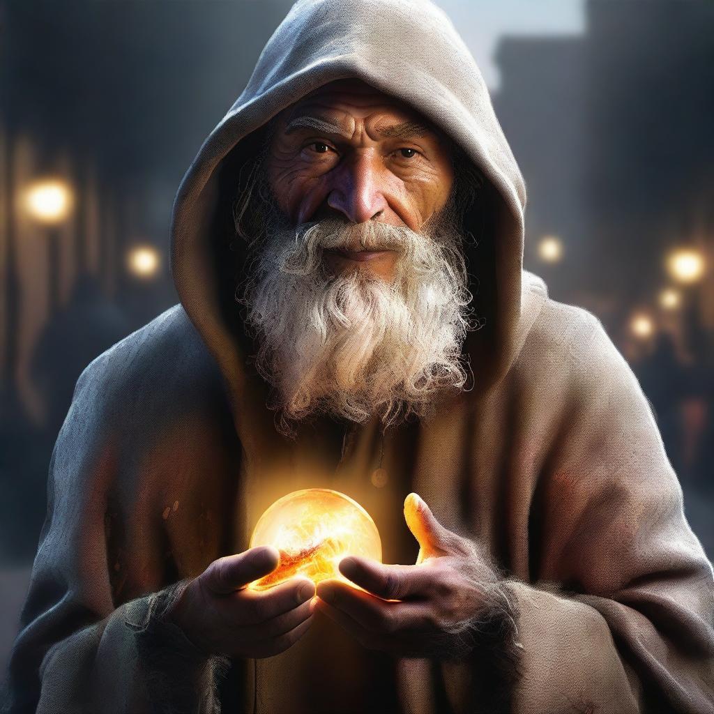 An ultra-realistic digital art image features a homeless wild magic sorcerer