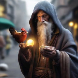 An ultra-realistic digital art image features a homeless wild magic sorcerer