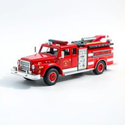 A small, fully visible red fire truck model, designed with intricate details, including hoses, ladders, and emergency lights