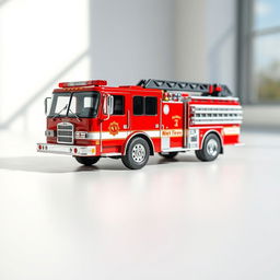 A small, fully visible red fire truck model, designed with intricate details, including hoses, ladders, and emergency lights