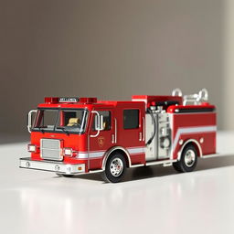 A small, fully visible red fire truck model, designed with intricate details, including hoses, ladders, and emergency lights