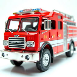 A small, fully visible red fire truck model, designed with intricate details, including hoses, ladders, and emergency lights