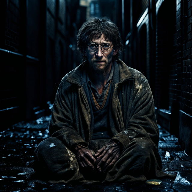 A hyper-realistic digital art piece depicting Harry Potter as homeless, sitting on a cobblestone street in a city alleyway