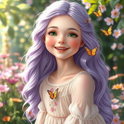 A stunningly beautiful girl with long wavy lavender hair cascading down her shoulders, bright emerald green eyes that sparkle with life, and a radiant smile