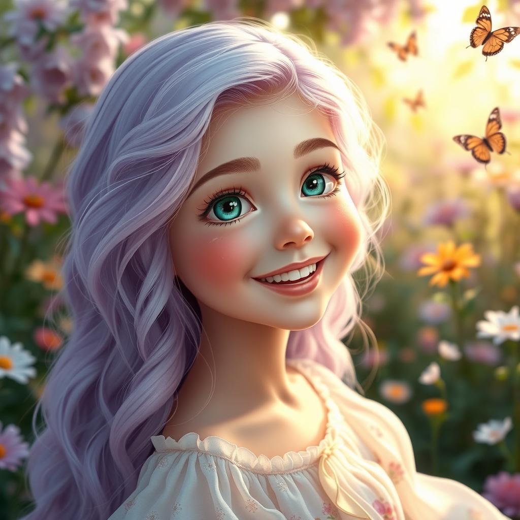 A stunningly beautiful girl with long wavy lavender hair cascading down her shoulders, bright emerald green eyes that sparkle with life, and a radiant smile