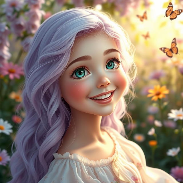 A stunningly beautiful girl with long wavy lavender hair cascading down her shoulders, bright emerald green eyes that sparkle with life, and a radiant smile