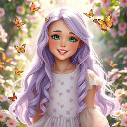 A stunningly beautiful girl with long wavy lavender hair cascading down her shoulders, bright emerald green eyes that sparkle with life, and a radiant smile