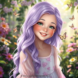 A stunningly beautiful girl with long wavy lavender hair cascading down her shoulders, bright emerald green eyes that sparkle with life, and a radiant smile