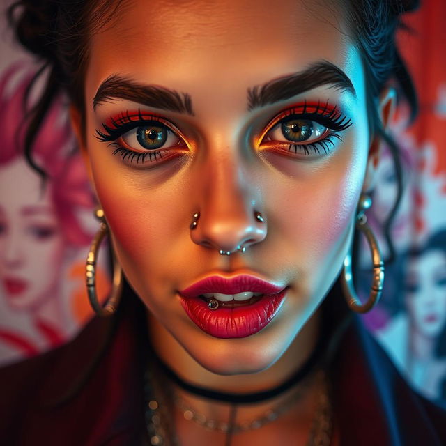 A close-up portrait of a beautifully adorned individual showcasing an array of piercings, including nose rings, lip piercings, earrings, and eyebrow piercings