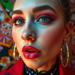 A close-up portrait of a beautifully adorned individual showcasing an array of piercings, including nose rings, lip piercings, earrings, and eyebrow piercings