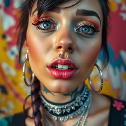 A close-up portrait of a beautifully adorned individual showcasing an array of piercings, including nose rings, lip piercings, earrings, and eyebrow piercings