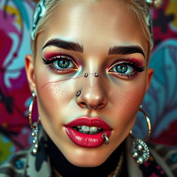 A close-up portrait of a beautifully adorned individual showcasing an array of piercings, including nose rings, lip piercings, earrings, and eyebrow piercings