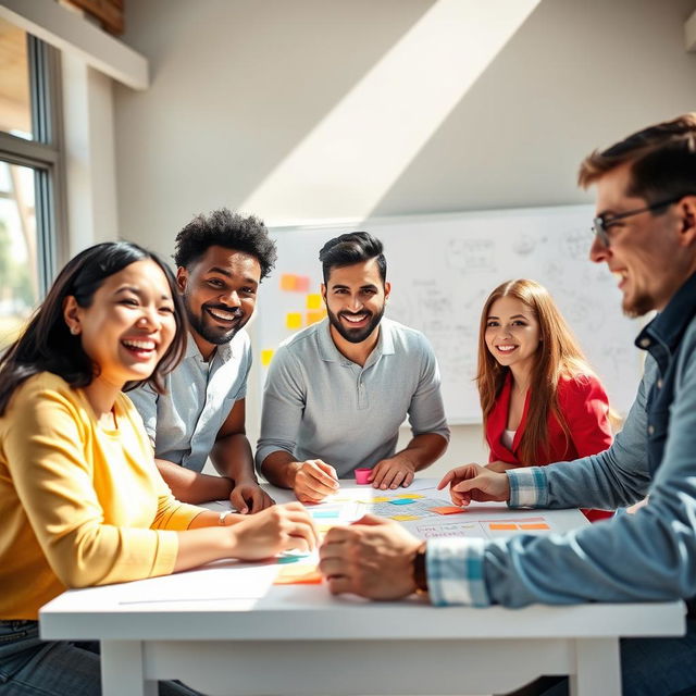 A diverse group of five people gathered around a table, each with an expression of excitement and curiosity on their faces, brainstorming ideas together