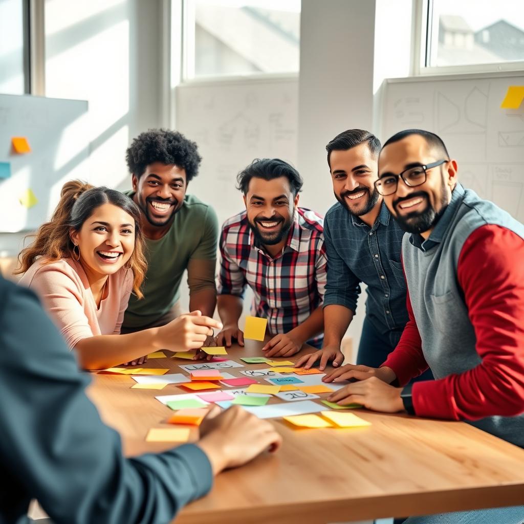 A diverse group of five people gathered around a table, each with an expression of excitement and curiosity on their faces, brainstorming ideas together