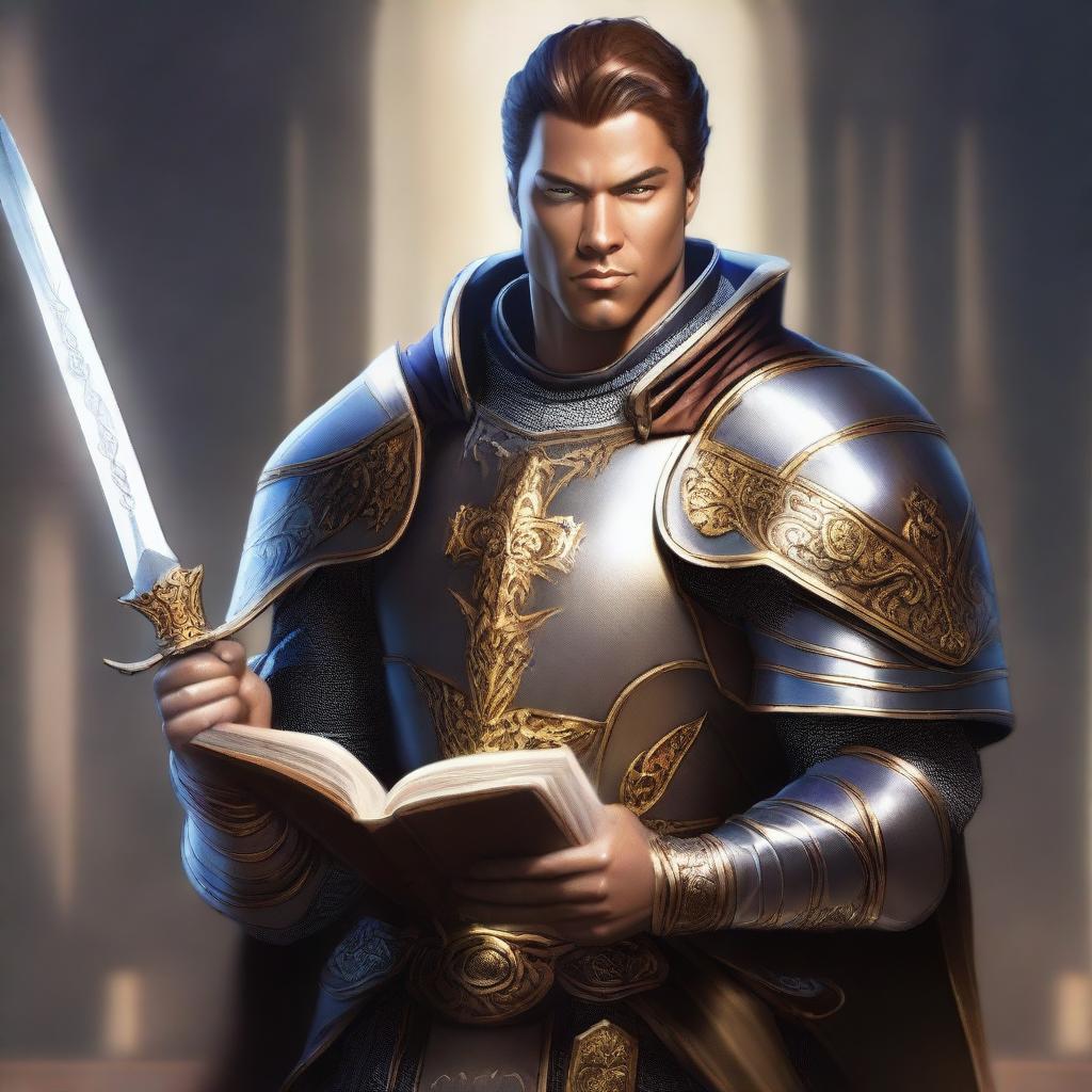 A detailed, high-quality digital art image of a human paladin without a helmet