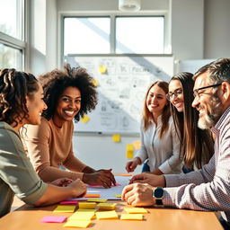 A diverse group of five people gathered around a table, each with an expression of excitement and curiosity on their faces, brainstorming ideas together
