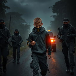 A young boy wearing a black hoodie jacket and cargo pants, similar to the main character of Watch Dogs, is focused on his phone in his right hand while walking down a mysterious, dark road