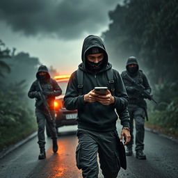 A young boy wearing a black hoodie jacket and cargo pants, similar to the main character of Watch Dogs, is focused on his phone in his right hand while walking down a mysterious, dark road