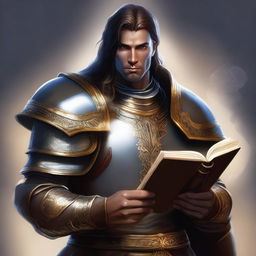 A detailed, high-quality digital art image of a human paladin without a helmet