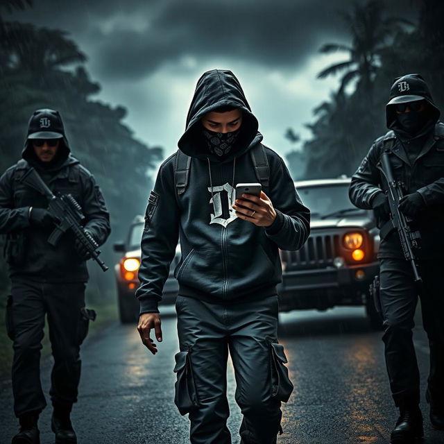 A young boy wearing a black hoodie jacket and cargo pants, similar to the main character of Watch Dogs, is focused on his phone in his right hand while walking down a mysterious, dark road