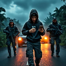 A young boy wearing a black hoodie jacket and cargo pants, similar to the main character of Watch Dogs, is focused on his phone in his right hand while walking down a mysterious, dark road