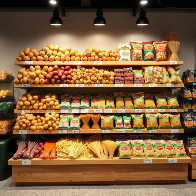 An attractive product display showcasing a variety of potatoes and noodles on neatly arranged shelves