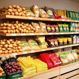 An attractive product display showcasing a variety of potatoes and noodles on neatly arranged shelves