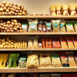 An attractive product display showcasing a variety of potatoes and noodles on neatly arranged shelves